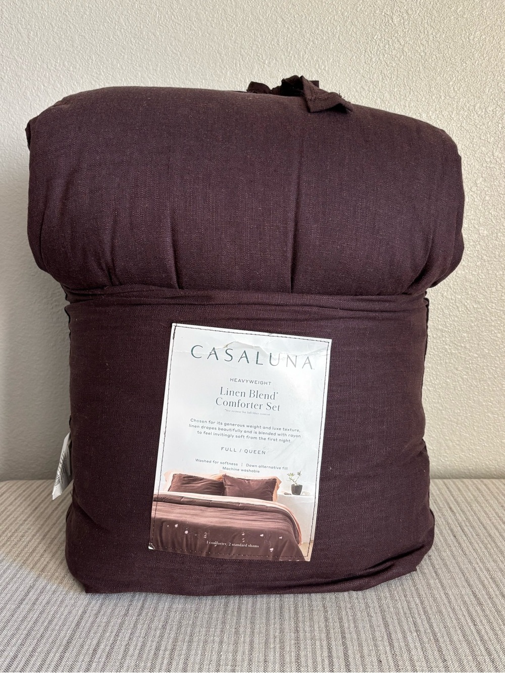 NWT Full/Queen Heavyweight Linen Blend Comforter and Sham Set Dark Fig Casaluna
